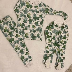 Toddler and Baby matching Burt’s Bees Shamrock pajamas